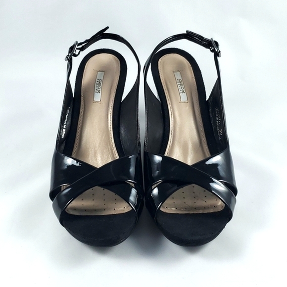 GEOX Respira Black Patent Leather Slingback Wedge Sandals Size 9 - Picture 3 of 15